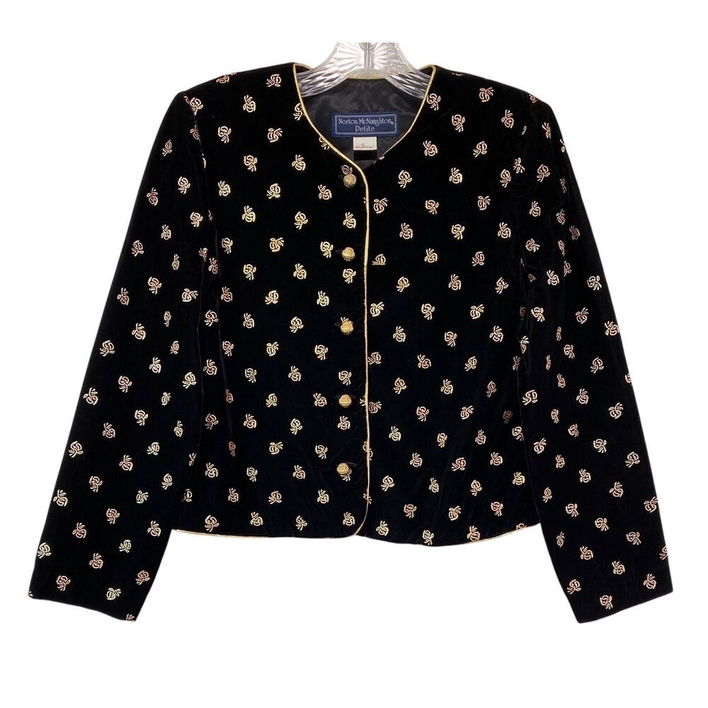 VTG Norton McNaughton Black Velvet Gold Floral Evening Jacket Blazer Size 6
